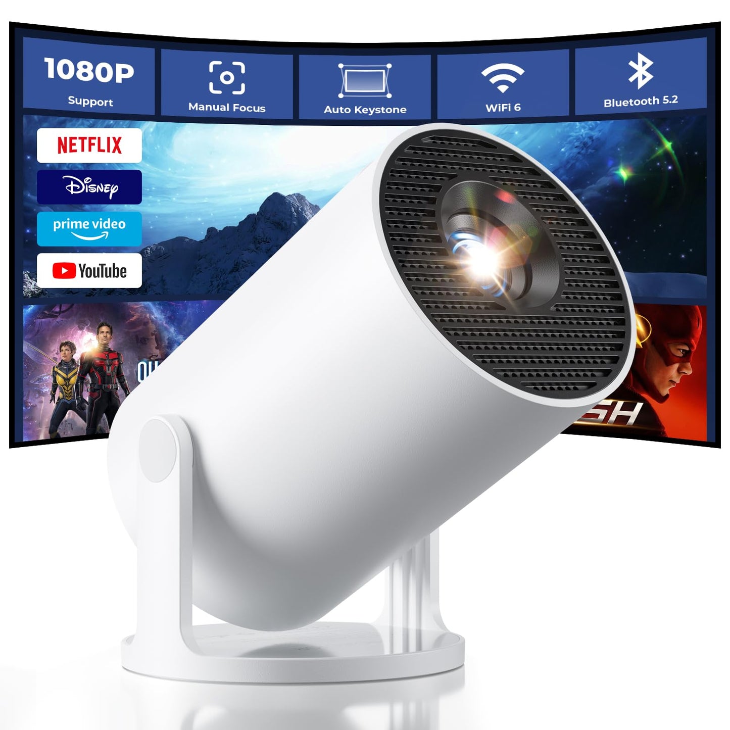 4K Support Smart WiFi6 Mini Projector – 720P Native HD Home Theater