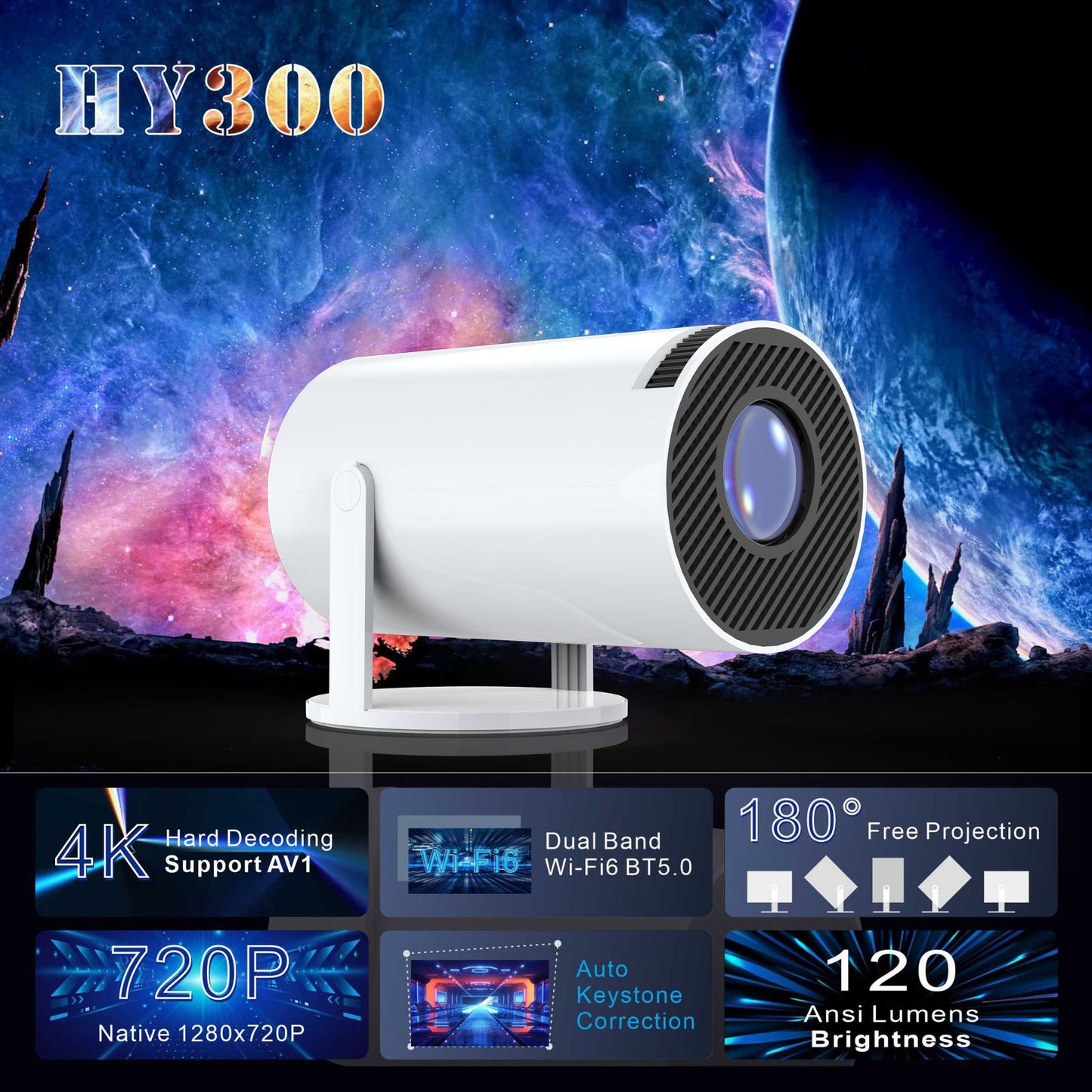 4K Support Smart WiFi6 Mini Projector – 720P Native HD Home Theater